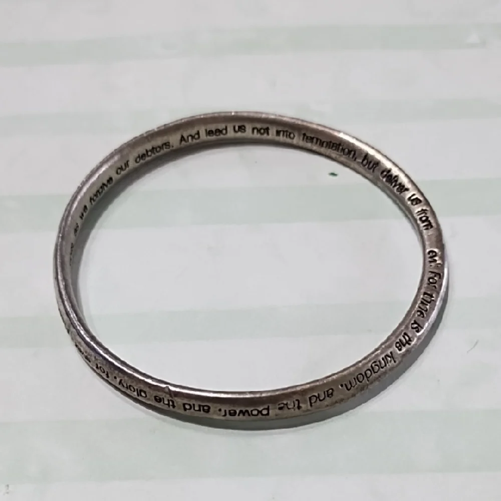 Silver Tone Metal Lord's Prayer Engraved Infinity Bangle Bracelet